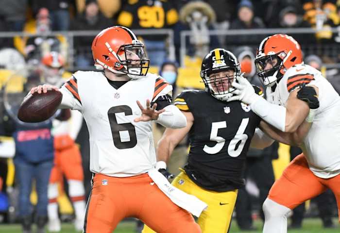 Jan 3, 2022; Cleveland Browns quarterback Baker Mayfield (6) throws a pass against the Pittsburgh Steelers. Mandatory Credit: Philip G. Pavely-USA TODAY